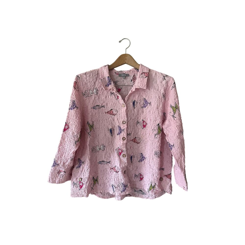 Habitat Clothing Pink Fish Print Gauze Button Up Size XL